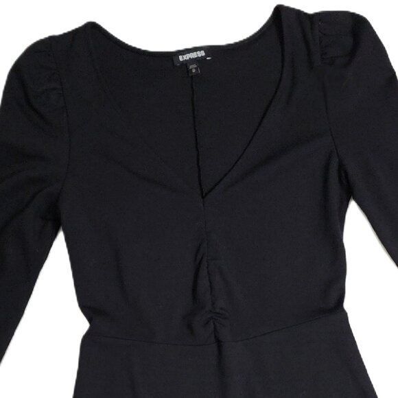 Express Fit & Flare Black V-Neck 3/4 Puff Sleeve w/Ruffle Hem Dress Size XS - Picture 2 of 6